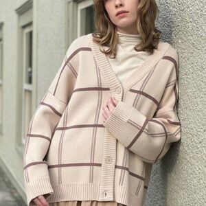 OAK + FORT , Tan Checkered oversized Cardigan Sweater